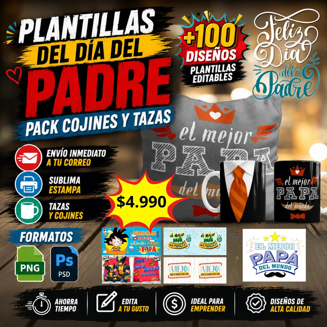 Plantillas Día del Padre | Pack Tazas y Cojines +100 PNG y PSD